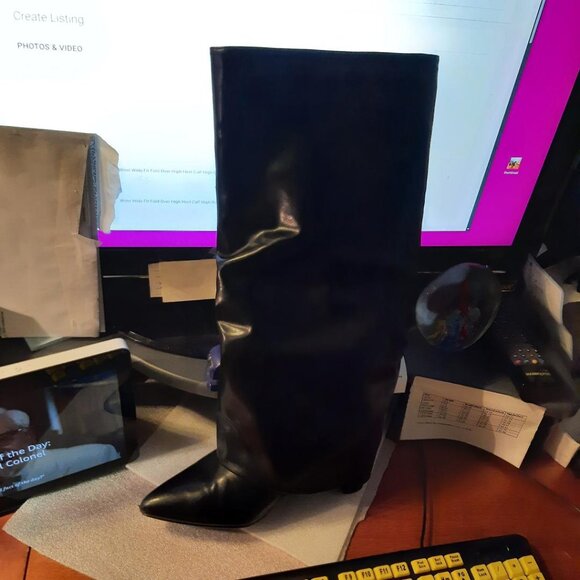 WMN Mid Calf Fold Over Chunky Heel Pointed Toe Slouch Riding Boot Black Sz10 - Picture 1 of 7